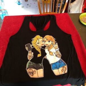 Black Tank Top with Cartoon Print Elsa/Anna tattooed beaded tank top